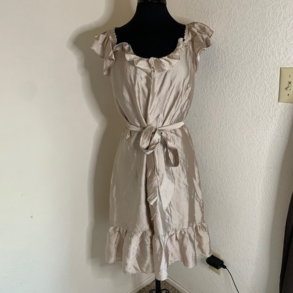 LOFT Ann Taylor Shiny Light Gold Ruffle Fit And Flare Pretty Dress Size 12(1067) - Picture 7 of 16